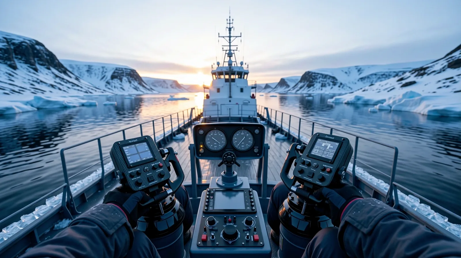 Arctic exploration vessel cutting through frozen waters
