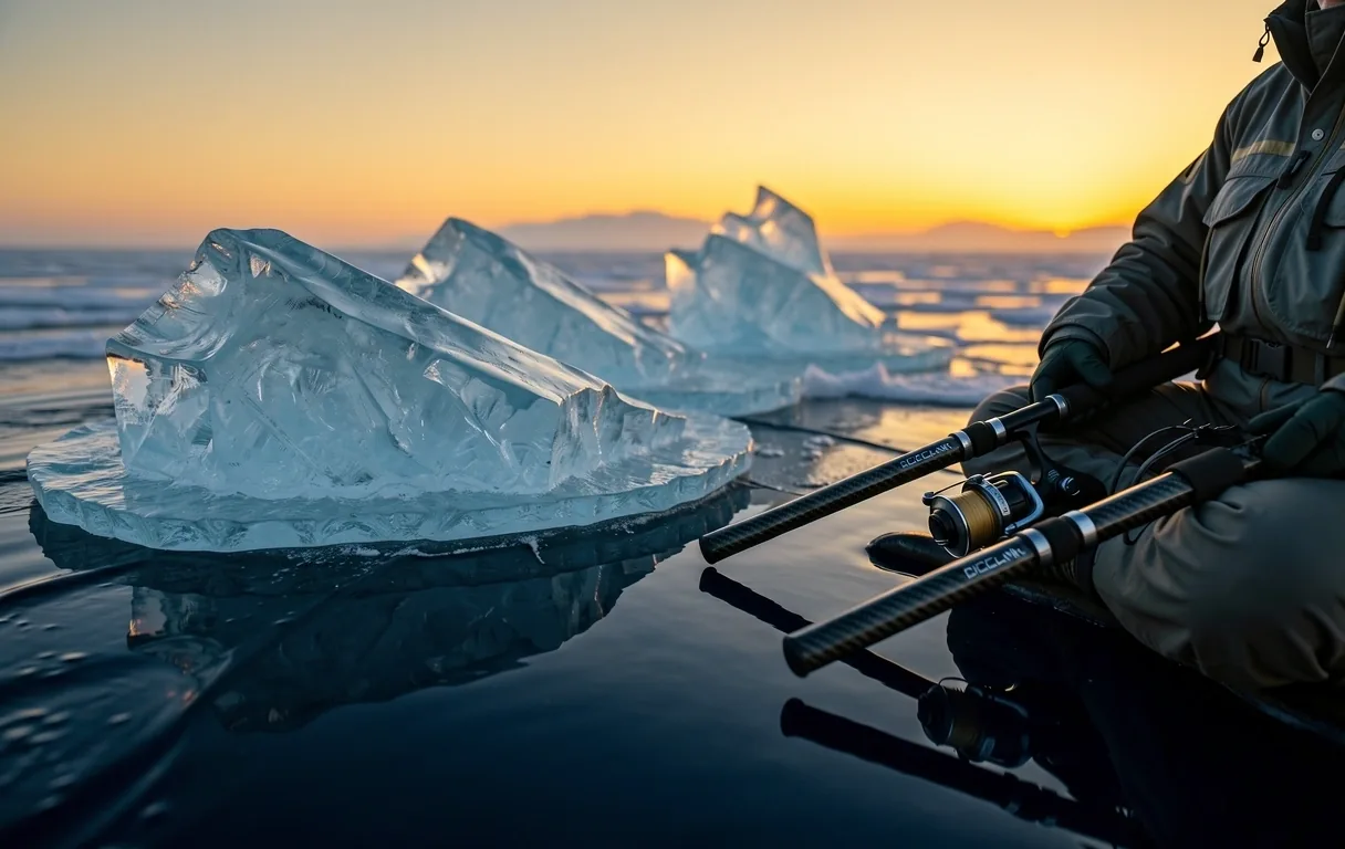 Arctic midnight sun over frozen waters