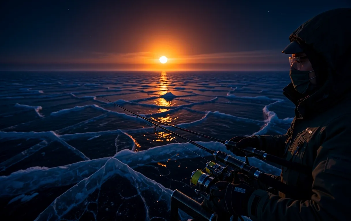 Midnight sun over arctic ice fishing world
