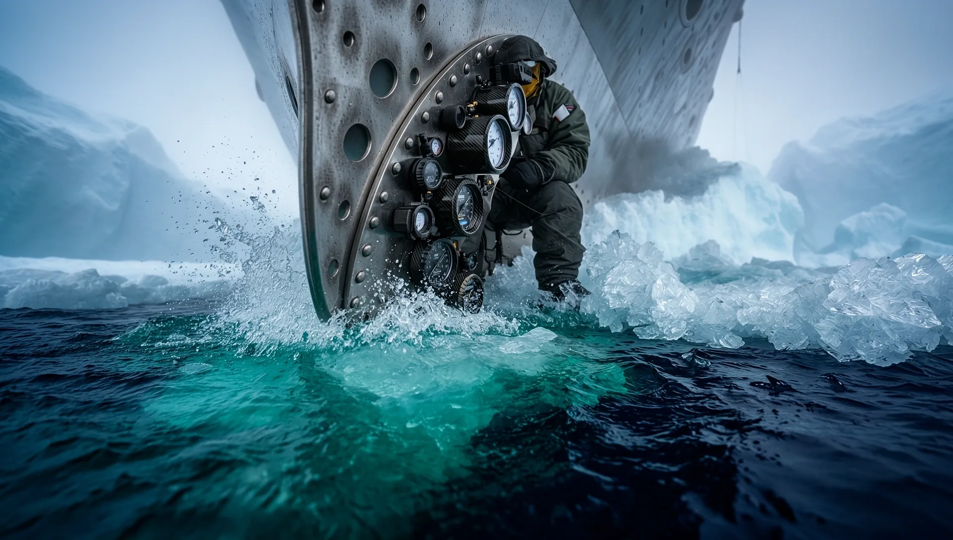 Steel-hulled icebreaker ship in the arctic
