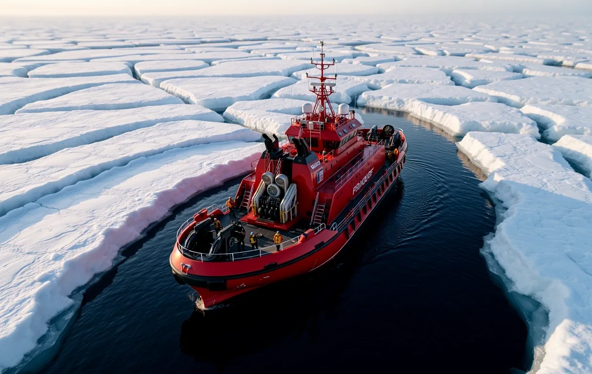 Icebreaker ship in frozen arctic waters