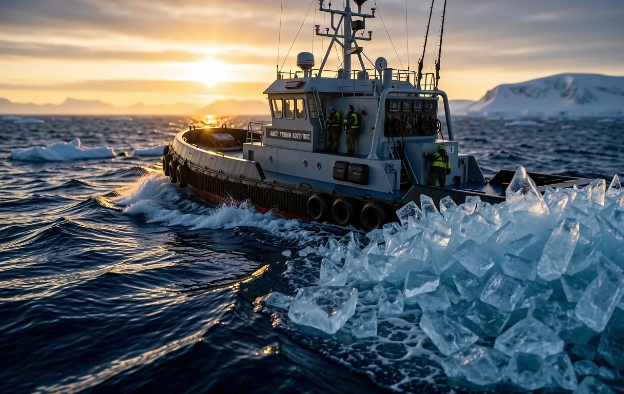 Arctic expedition vessel cutting through ice