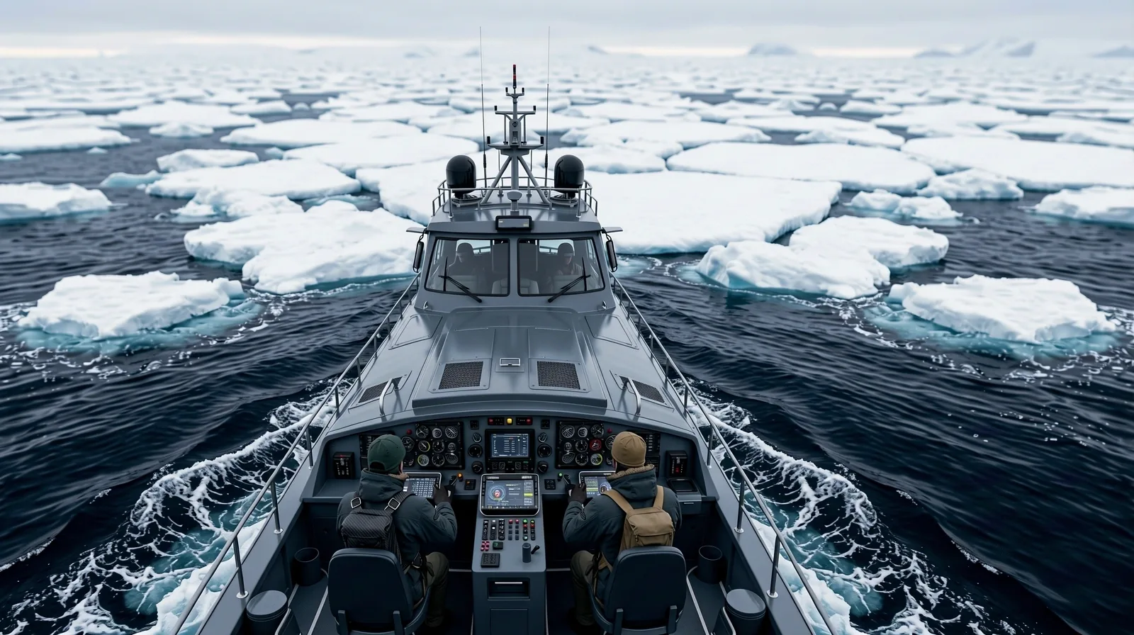Arctic expedition vessel cutting through thick ice