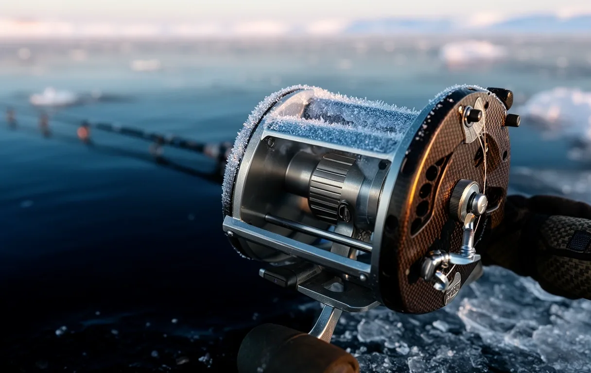 Frost-covered fishing reel detail